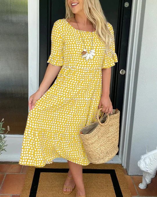 Anna | Dame sommer midikjole med print og lagdelt design