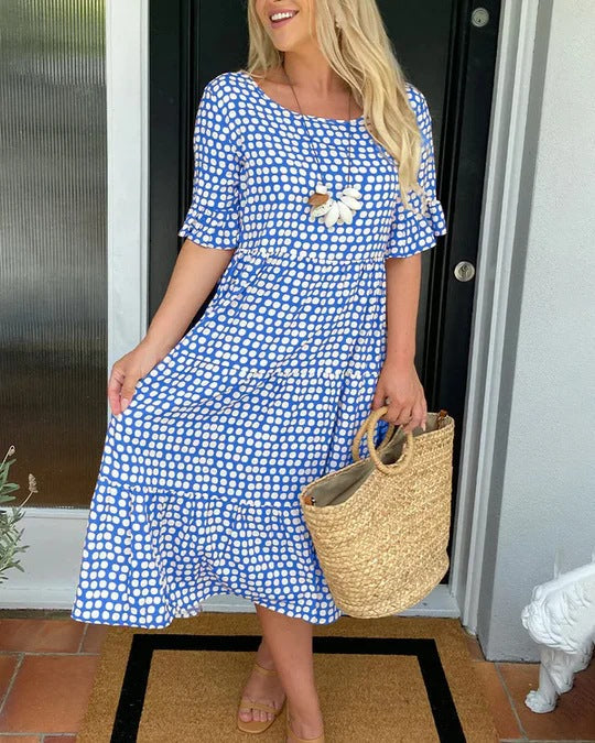 Anna | Dame sommer midikjole med print og lagdelt design