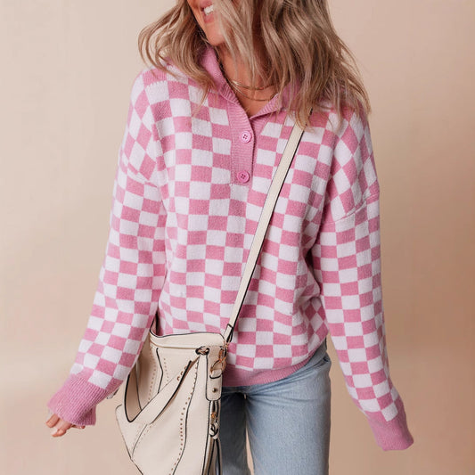 Karin | Dame hyggelig sweatpullover med tern og knapper