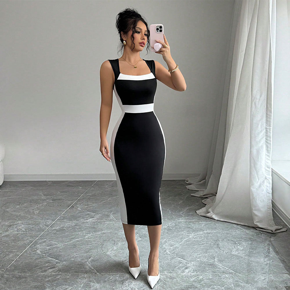 Christine | Dame figursyet midi kjole med elegant farvekontrast