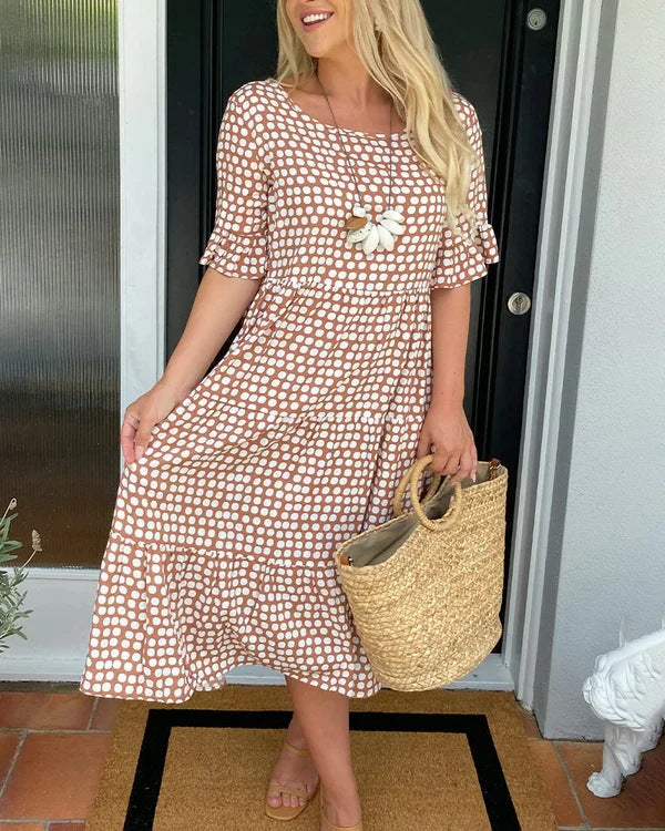 Anna | Dame sommer midikjole med print og lagdelt design