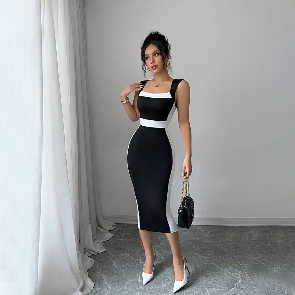 Christine | Dame figursyet midi kjole med elegant farvekontrast