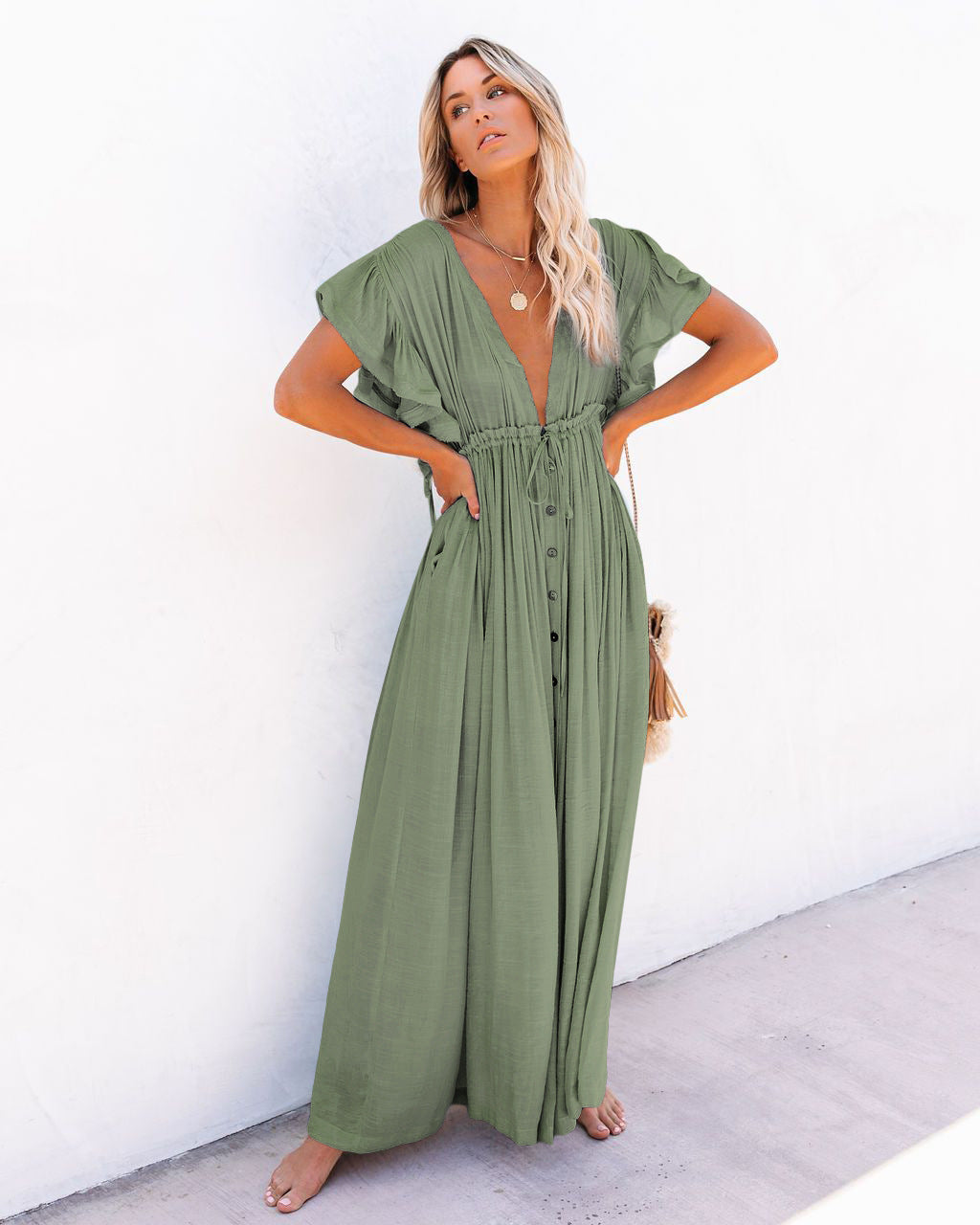 Kirstine | Dame boho maxikjole med knapper foran og flydende fald