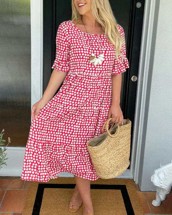 Anna | Dame sommer midikjole med print og lagdelt design