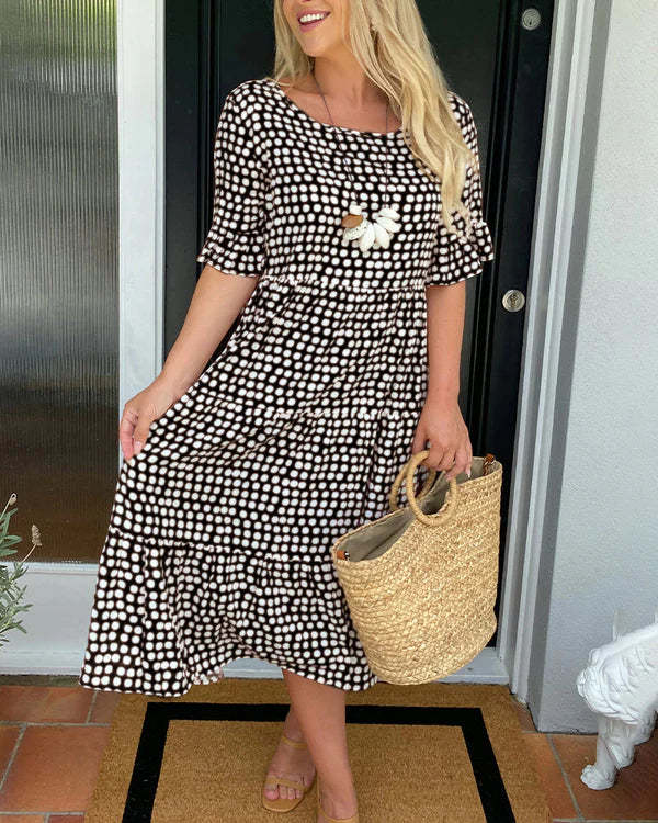 Anna | Dame sommer midikjole med print og lagdelt design