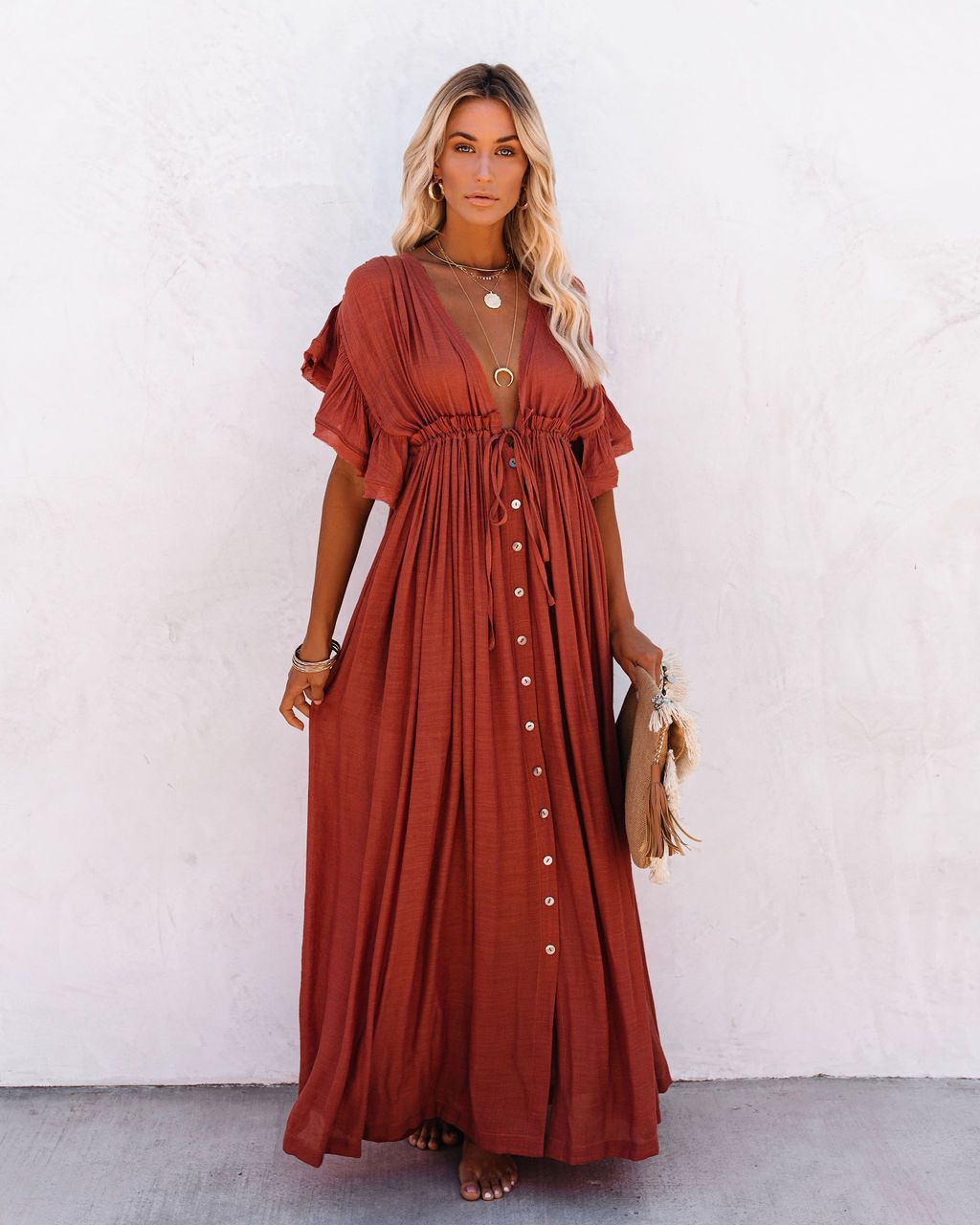Kirstine | Dame boho maxikjole med knapper foran og flydende fald