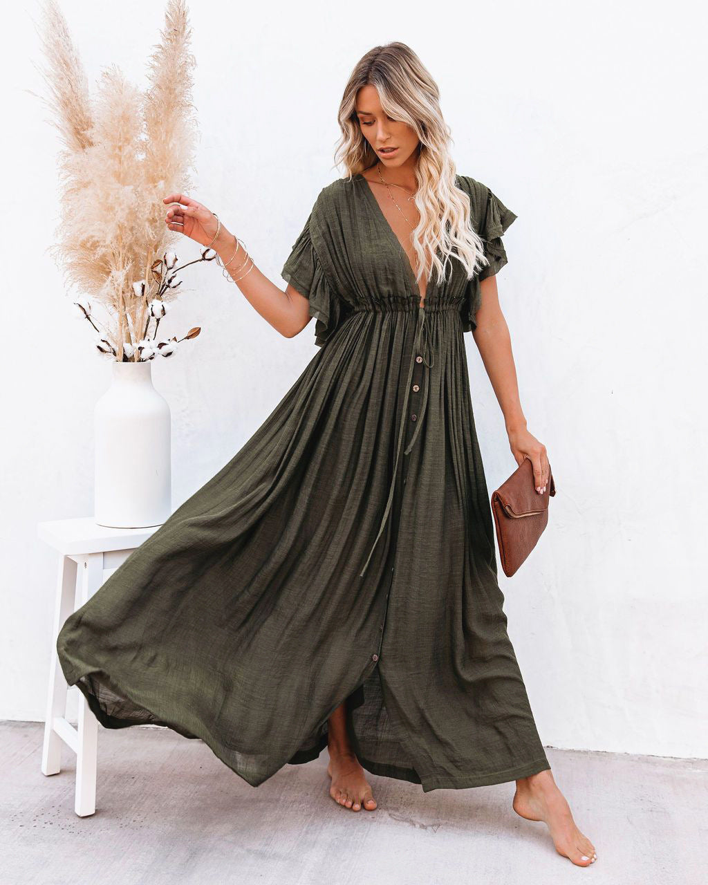 Kirstine | Dame boho maxikjole med knapper foran og flydende fald