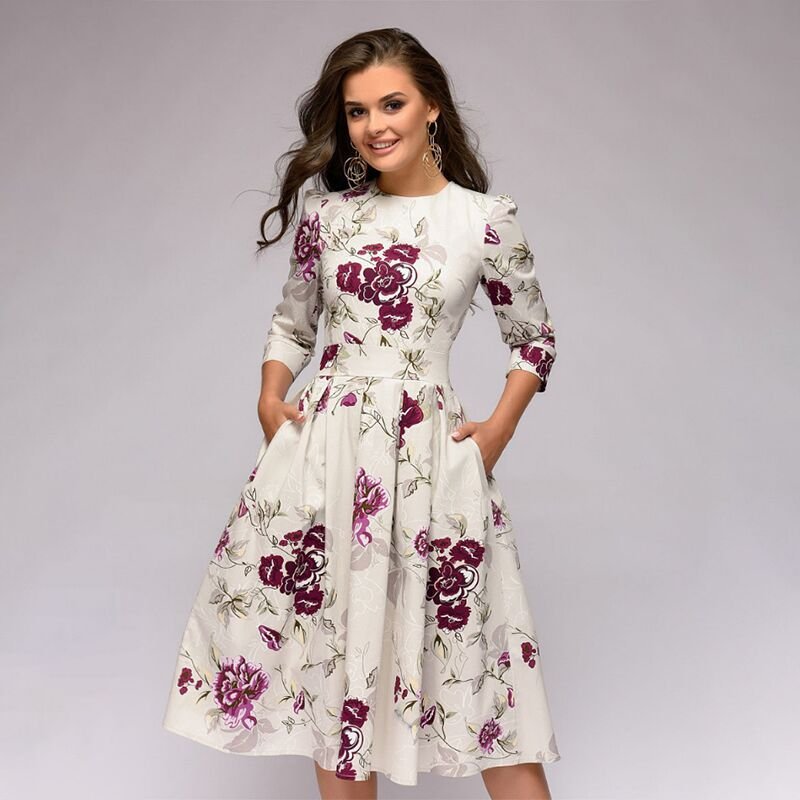 Alberte | Retro elegant midikjole med blomsterprint og lange ærmer