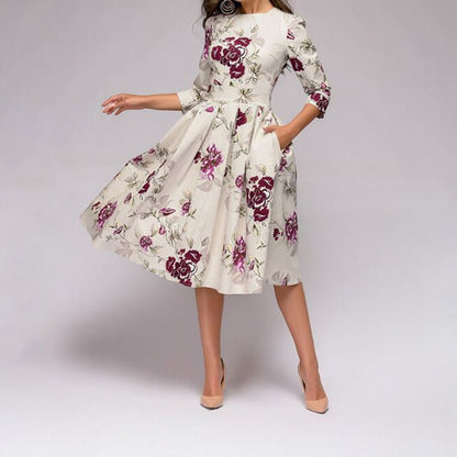 Alberte | Retro elegant midikjole med blomsterprint og lange ærmer