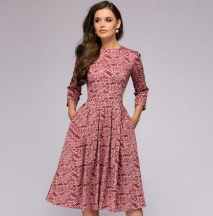 Alberte | Retro elegant midikjole med blomsterprint og lange ærmer