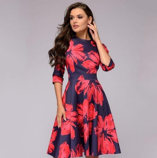 Alberte | Retro elegant midikjole med blomsterprint og lange ærmer