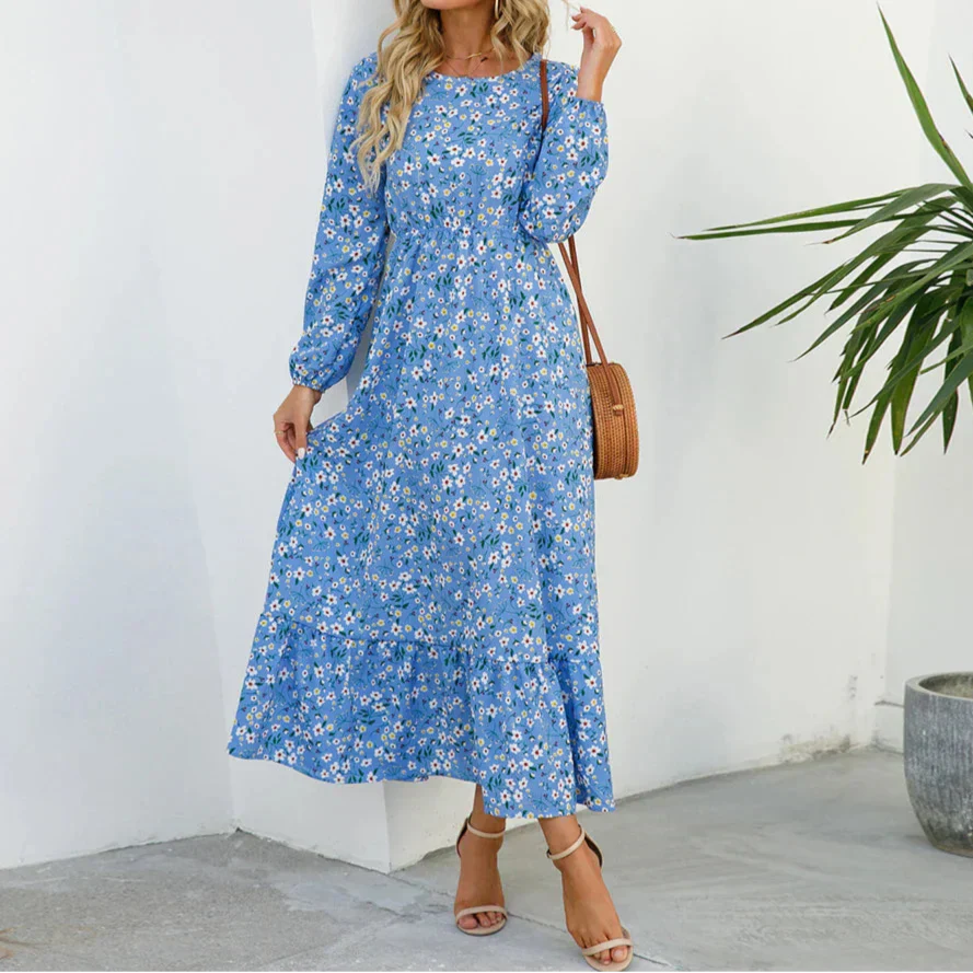 Freja | Dame maxikjole med blomsterprint og lange ærmer sommer
