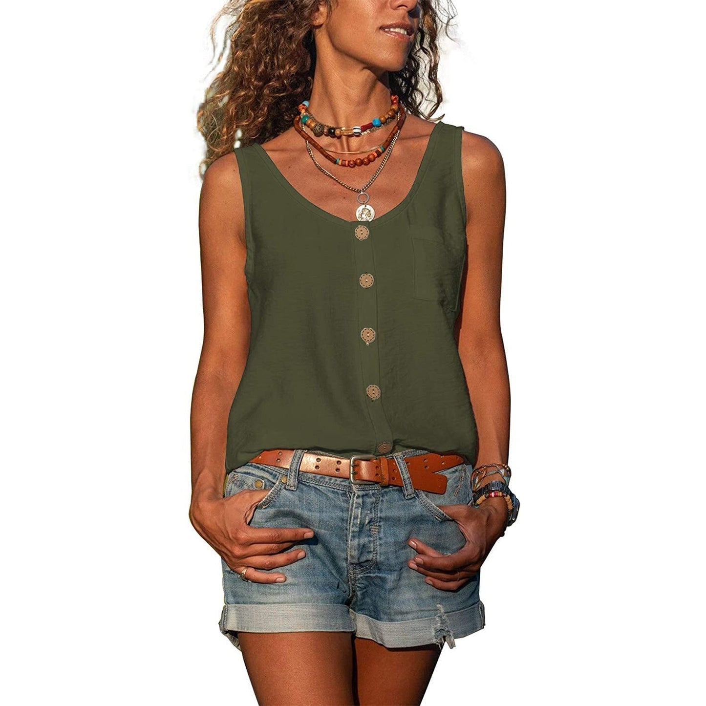 Anna | Dame tanktop med knaplukning og elegant Ibiza stil