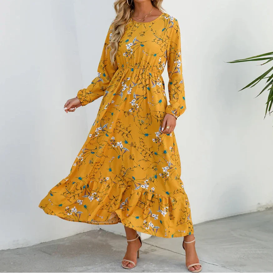 Freja | Dame maxikjole med blomsterprint og lange ærmer sommer