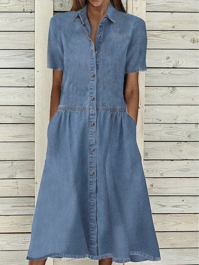 Grete | Dame afslappet denim midikjole med krave og lommer