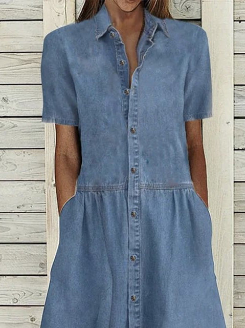 Grete | Dame afslappet denim midikjole med krave og lommer