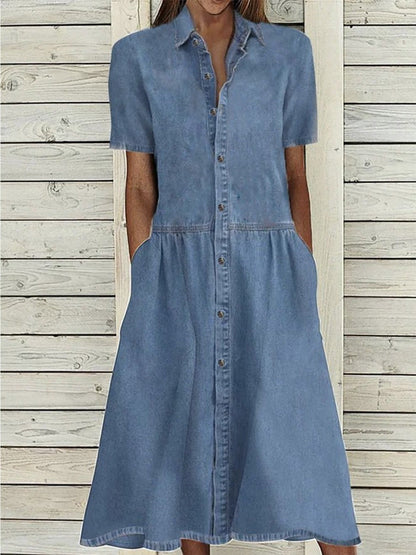 Grete | Dame afslappet denim midikjole med krave og lommer