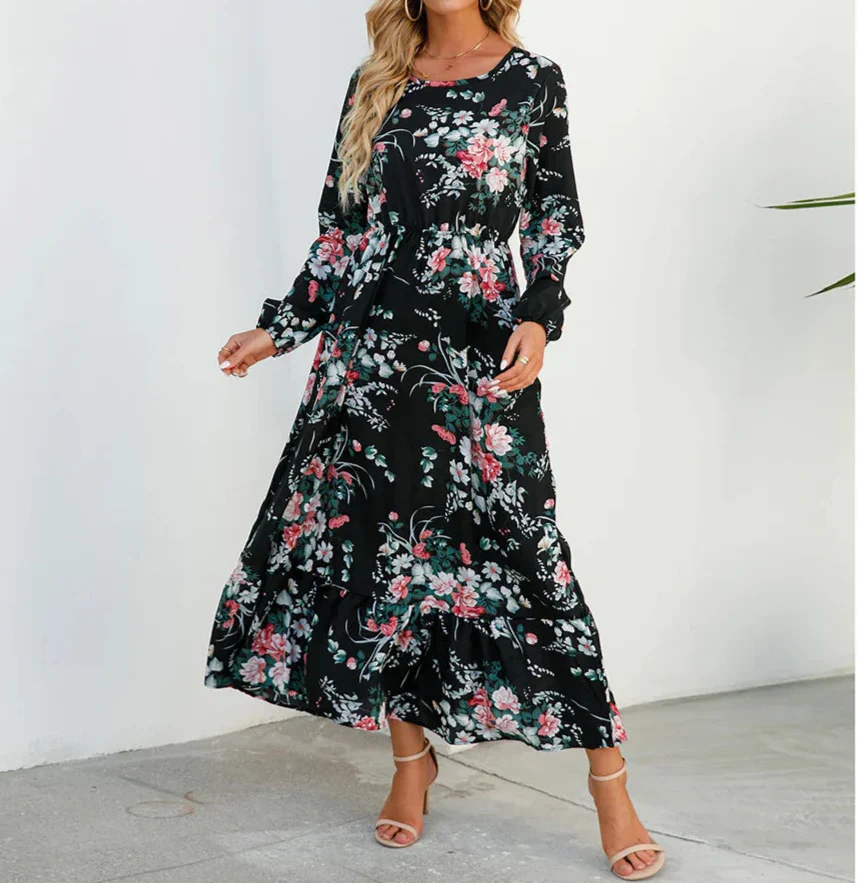 Freja | Dame maxikjole med blomsterprint og lange ærmer sommer