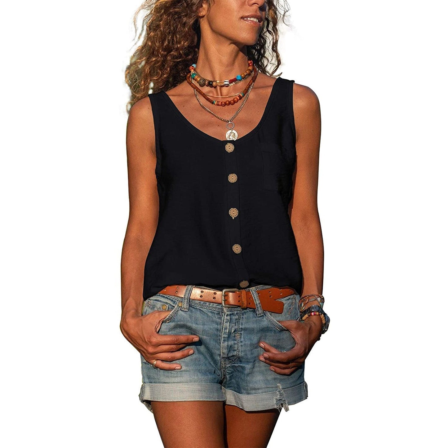 Anna | Dame tanktop med knaplukning og elegant Ibiza stil