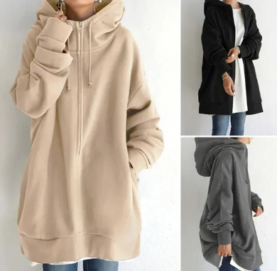 Amalie | Dame lang hoodie med lynlås til efterår og vinter