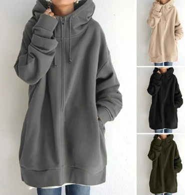 Amalie | Dame lang hoodie med lynlås til efterår og vinter