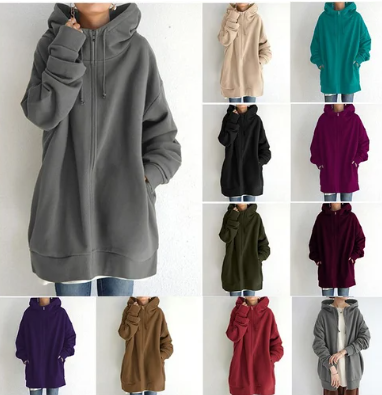 Amalie | Dame lang hoodie med lynlås til efterår og vinter