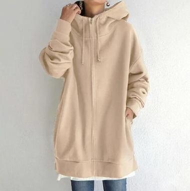 Amalie | Dame lang hoodie med lynlås til efterår og vinter