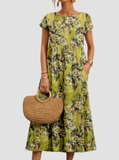 Alma | Dame printet midikjole med lommer og sommerdesign