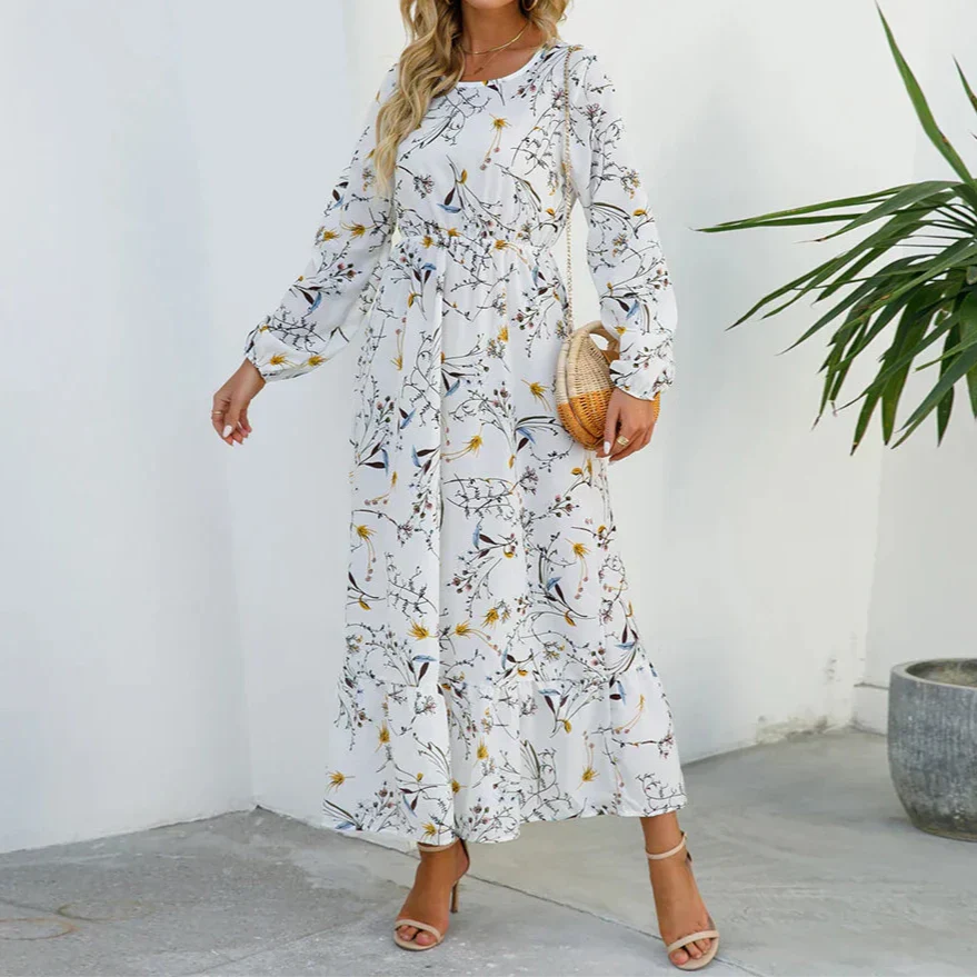 Freja | Dame maxikjole med blomsterprint og lange ærmer sommer