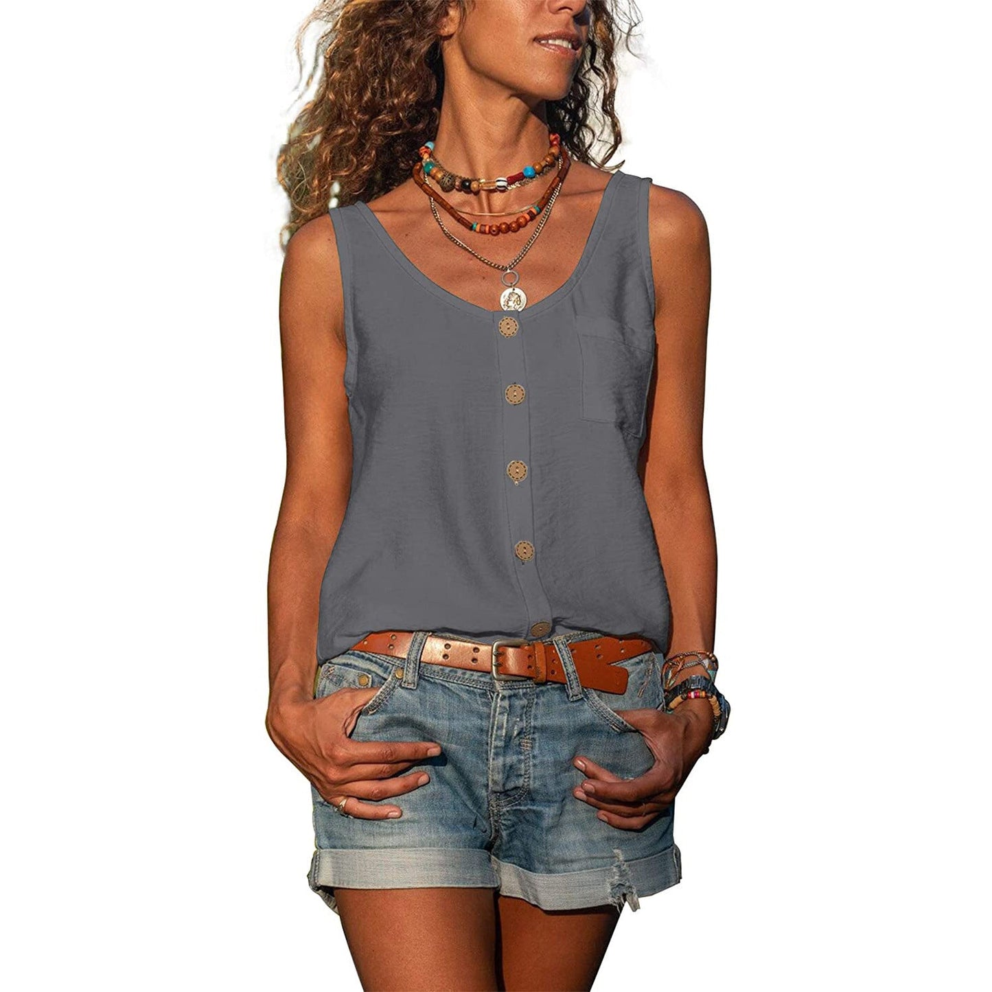 Anna | Dame tanktop med knaplukning og elegant Ibiza stil