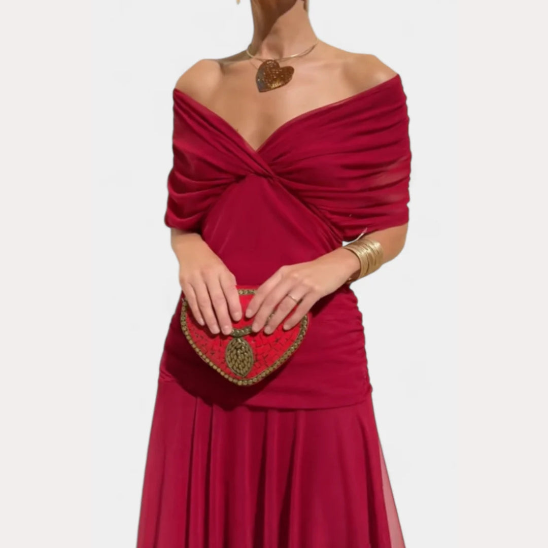 Louise | Dame aftenkjole med off shoulder og elegant draperet fald