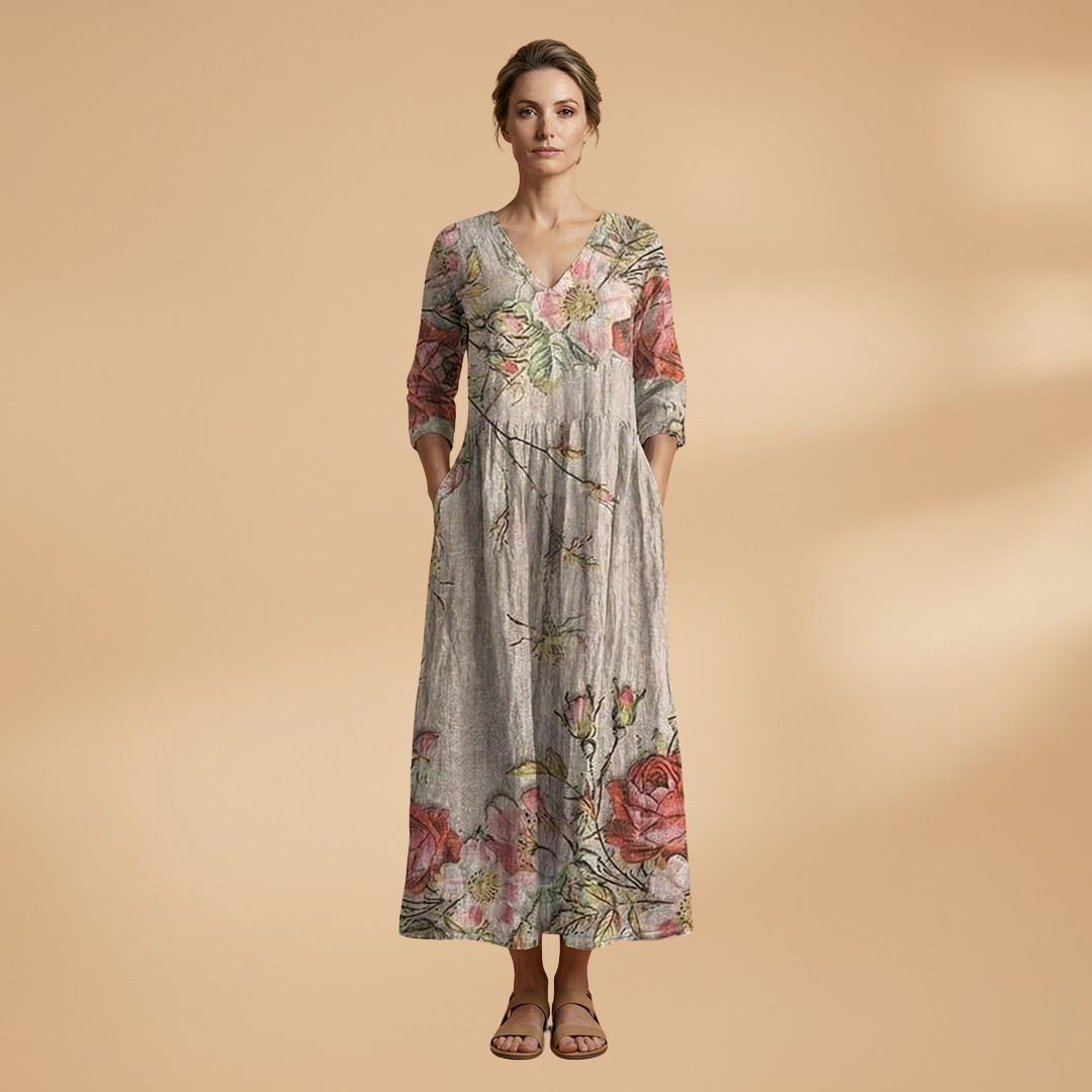 Olivia | Dame sommerkjole med blomsterprint og V hals