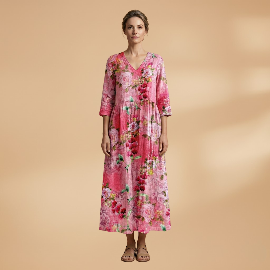 Olivia | Dame sommerkjole med blomsterprint og V hals
