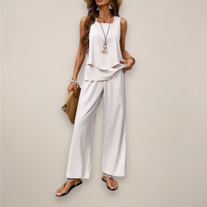 Birthe | Klassisk damesæt med top og brede bukser | Let og sommerlig