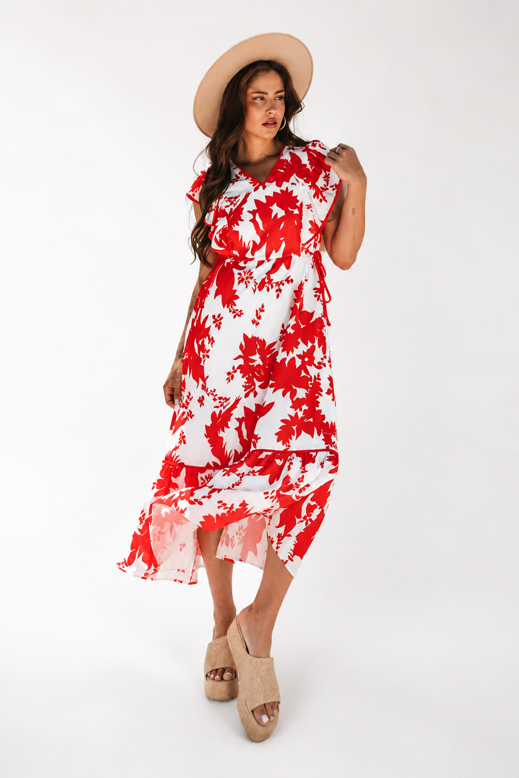 Isabelle | Damen gemustertes Midikleid mit kurzen Ärmeln