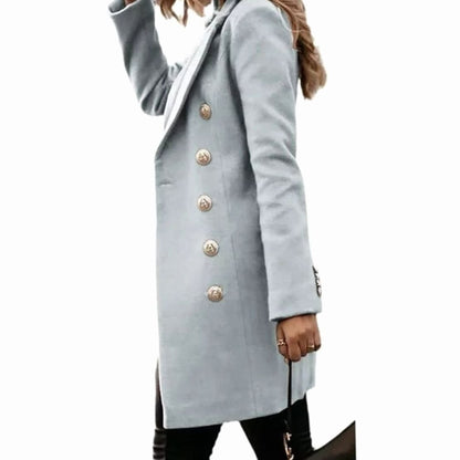 Birgit | Zweireihiger langer Mantel für Damen im Slim-Fit-Design für die Übergangszeit