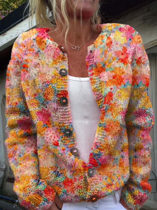Celina | Dame farverig strikcardigan med blomstermønster
