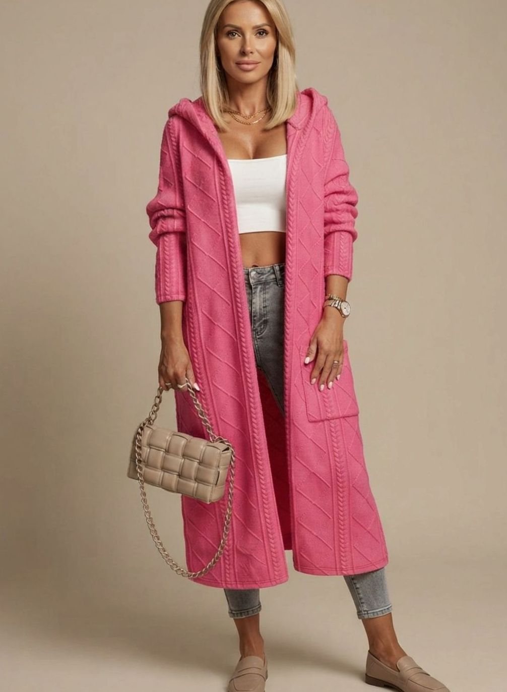 Freja | Langer Strickcardigan für Damen aus Baumwollmischung mit Kapuze für die Übergangszeit