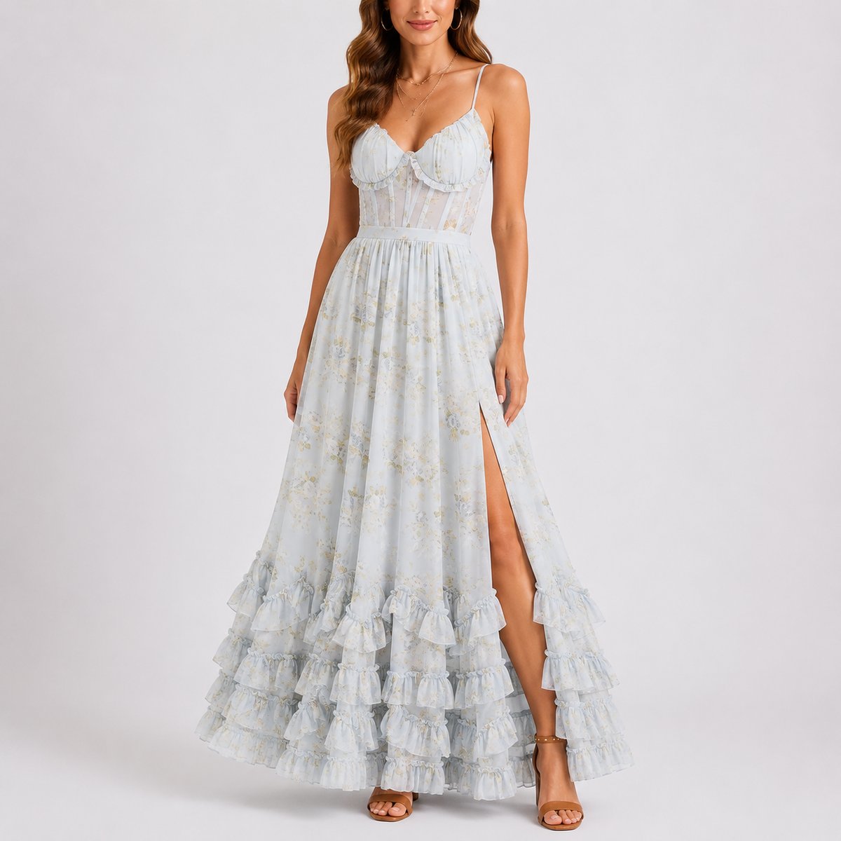 Victoria | Damen-Maxikleid mit Blumenprint und Korsettpassform