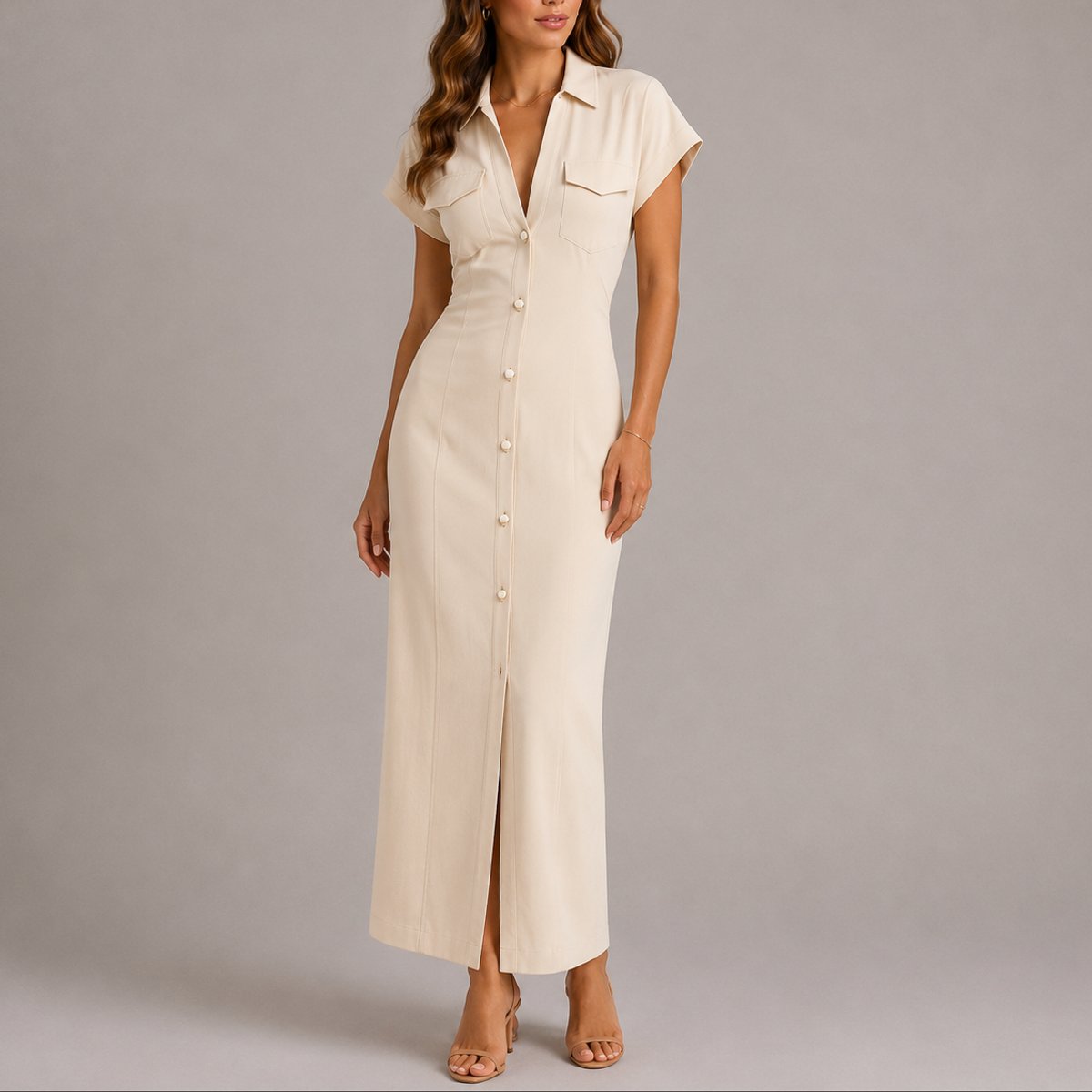 Anna | Damen-Maxikleid im Hemdblusenstil mit figurbetontem Schnitt und Knöpfen