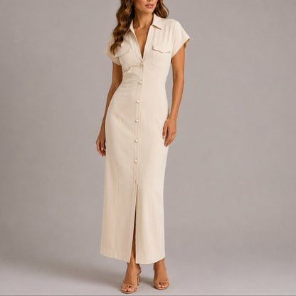 Anna | Damen-Maxikleid im Hemdblusenstil mit figurbetontem Schnitt und Knöpfen