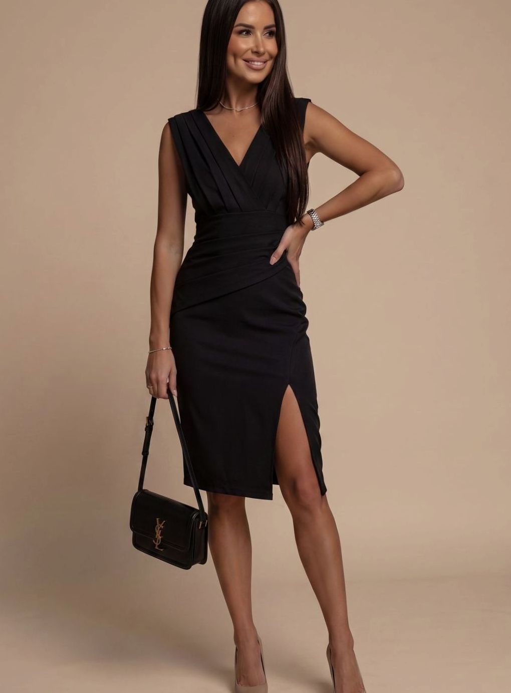 Lisbeth | Figurbetontes Cocktailkleid für Damen mit V-Ausschnitt und Schlitz