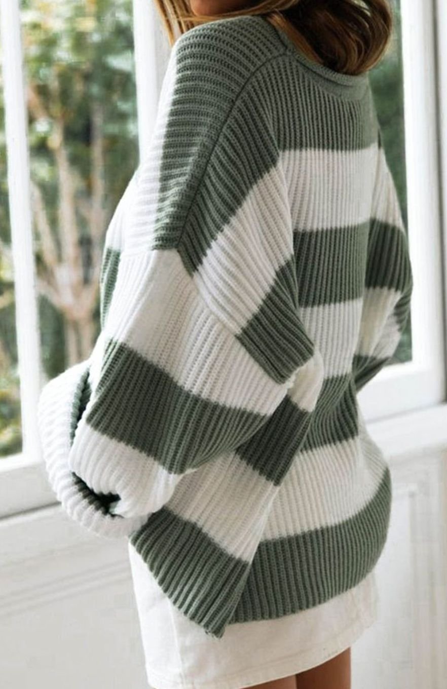 Marianne | Dame stribet oversized striktrøje med rund hals