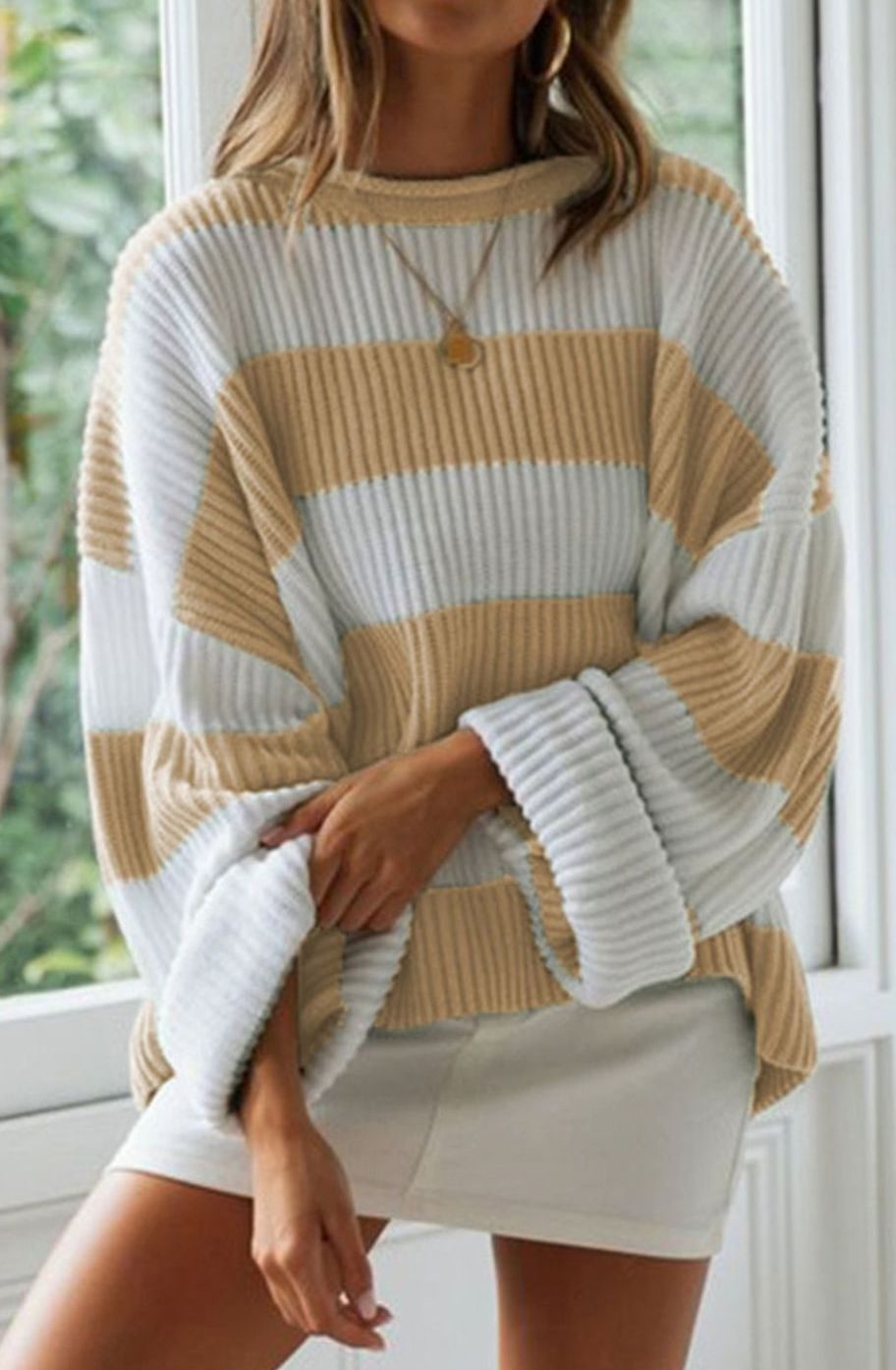 Marianne | Dame stribet oversized striktrøje med rund hals