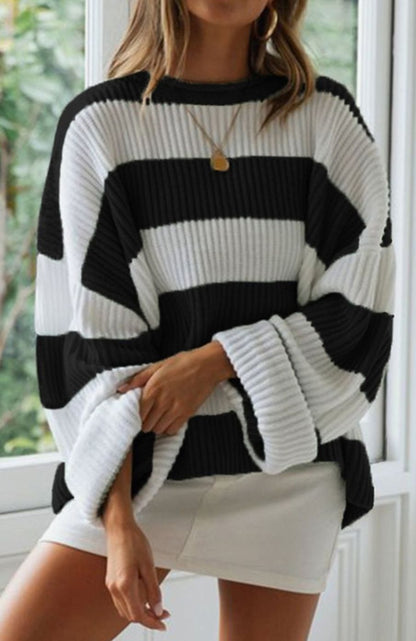 Marianne | Dame stribet oversized striktrøje med rund hals