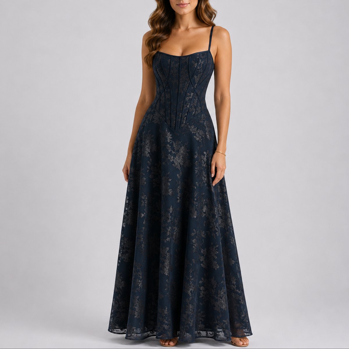 Isabella | Damen-Blumenmaxikleid mit Korsettdetail und Trägern