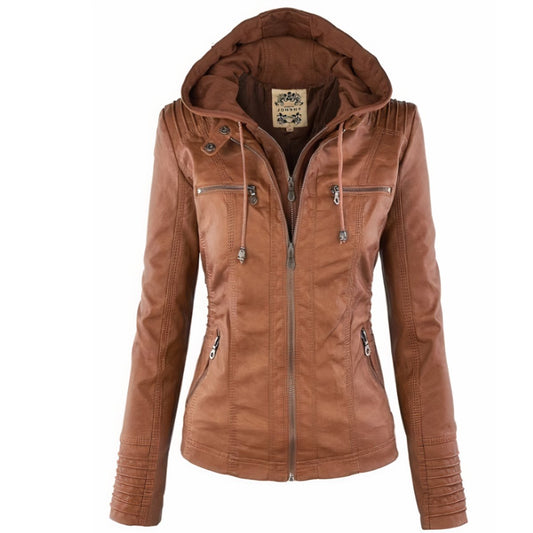 Alma | Damen-Bikerjacke aus Kunstleder mit abnehmbarer Kapuze und Reißverschluss