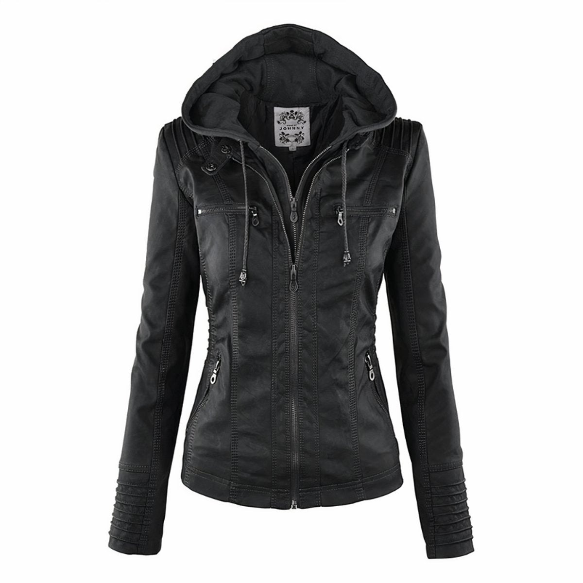 Alma | Damen-Bikerjacke aus Kunstleder mit abnehmbarer Kapuze und Reißverschluss