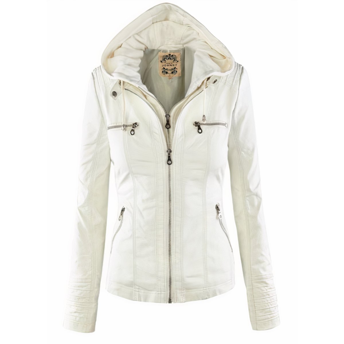 Alma | Damen-Bikerjacke aus Kunstleder mit abnehmbarer Kapuze und Reißverschluss