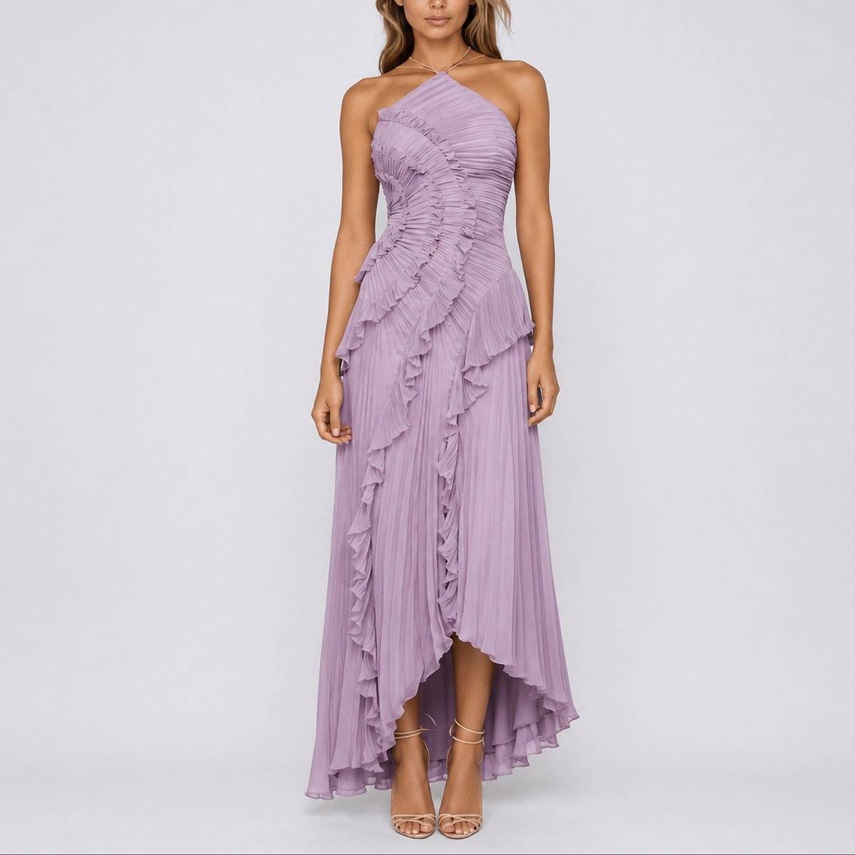 Laura | Damen-Plisseemaxikleid mit Raffungen und Neckholder